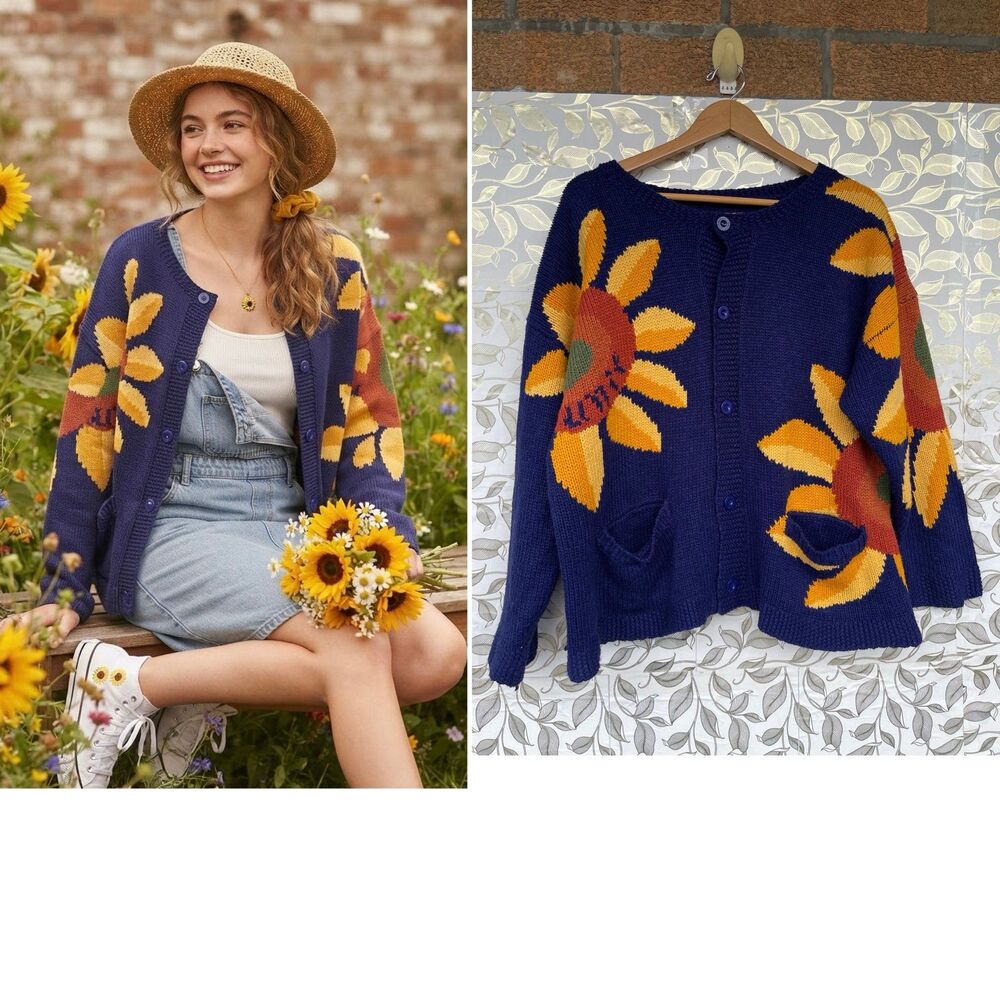 UNIF Sunflower Knit Cardigan Blue Yellow Y2K Grunge Indie Sweater Medium